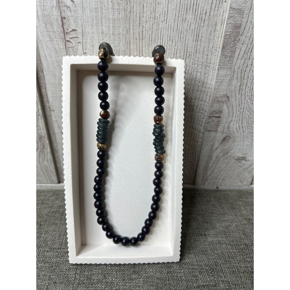 Boho Wooden Beaded Necklace With Brass Clasp & Wood Beads Womens Fashion